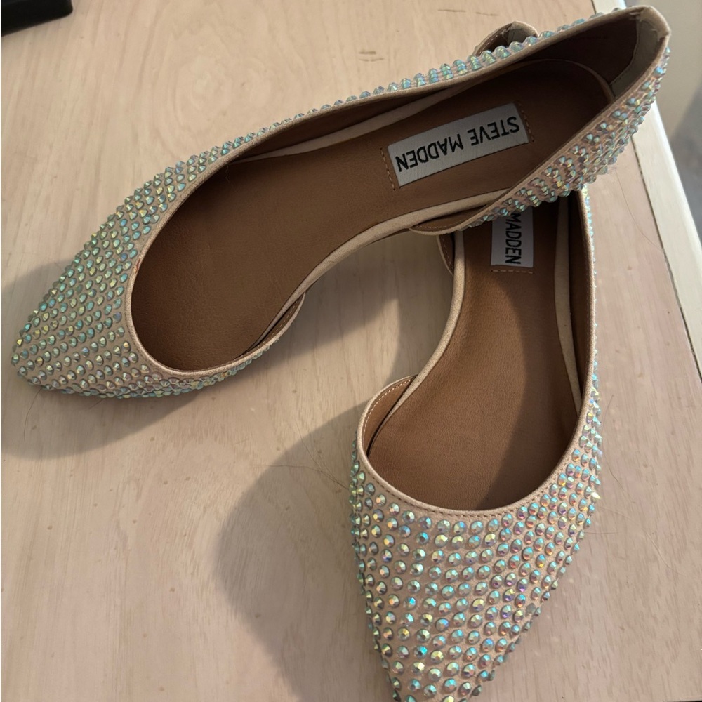 Steve Madden Cream Flats with Rhinestone Embellishments